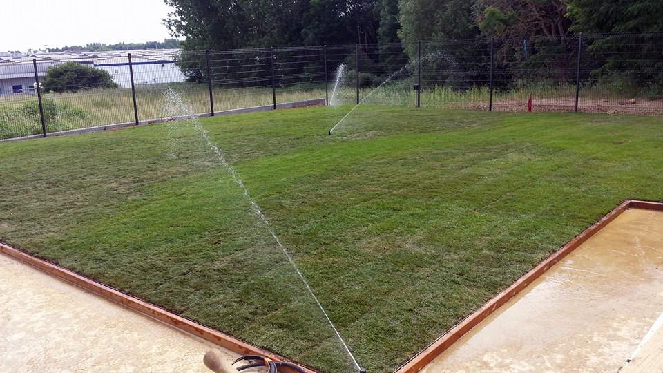 Lawn watered by a built-in irrigation system
